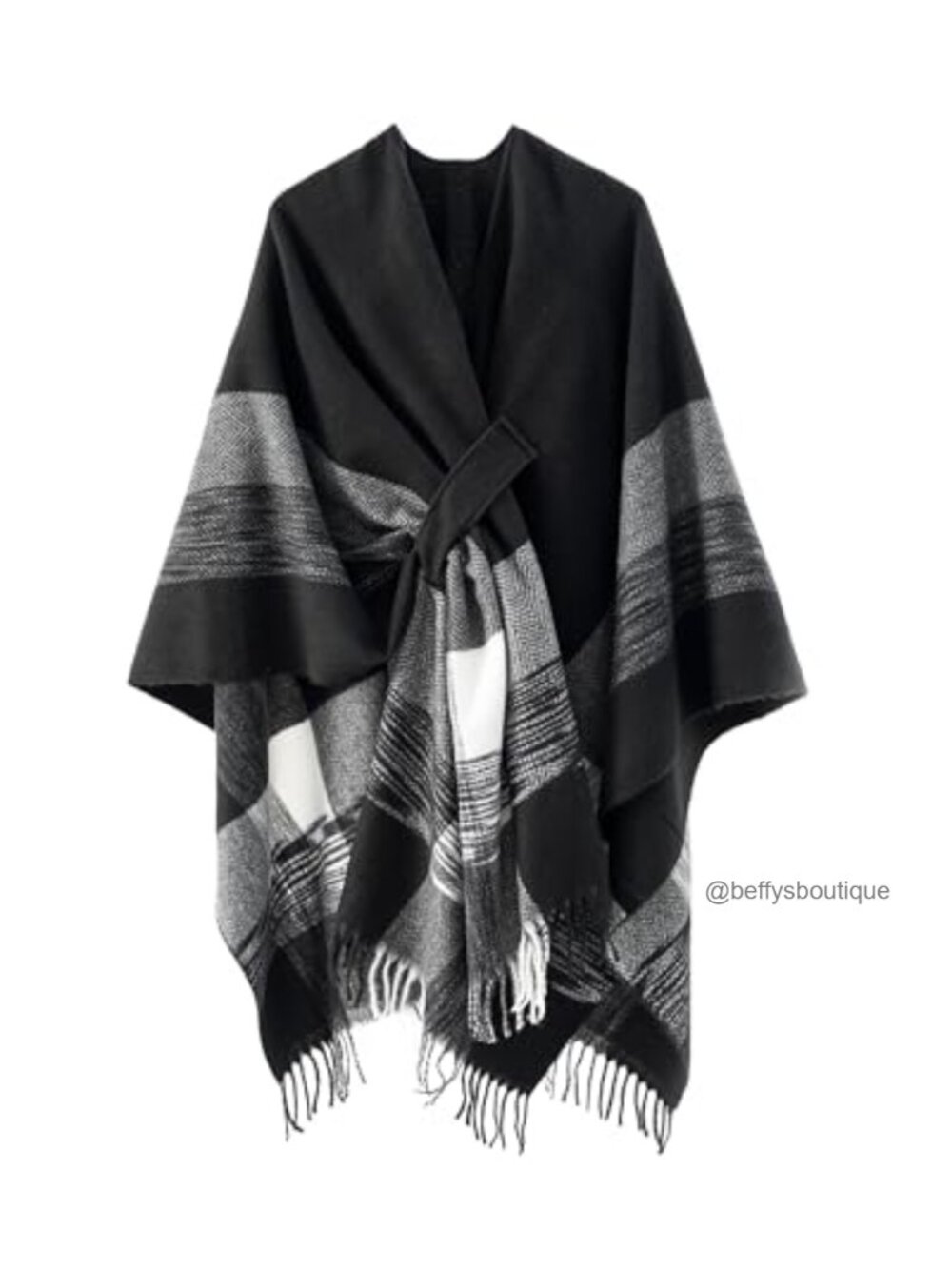 Plaid Knit Poncho Shawl Wrap Cross Front Tassel Cape